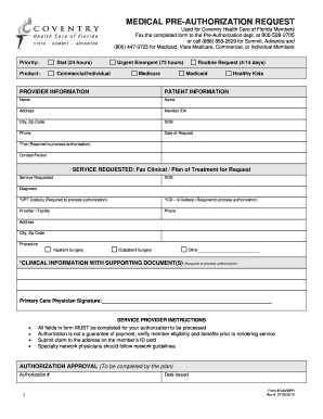 Coventry Health Care Florida Pre-Authorization Request