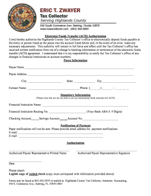 Highlands County ACH Authorization Form