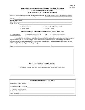 Highlands County Florida Automatic Payroll Deposit Authorization