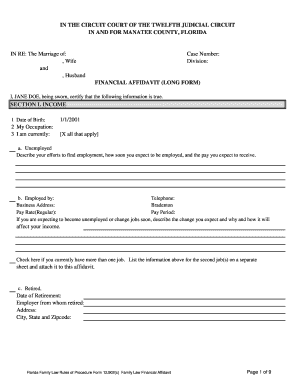 Florida Family Law Financial Affidavit