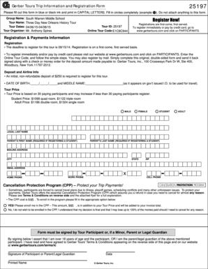 Gerber Tours Trip Registration Form