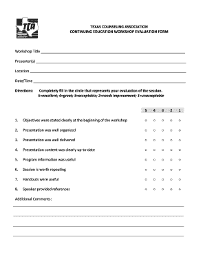 Texas Counseling Association Continuing Education Workshop Evaluation Form