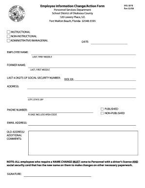 fillable online mis 5078 employee information change form okaloosa employees information form