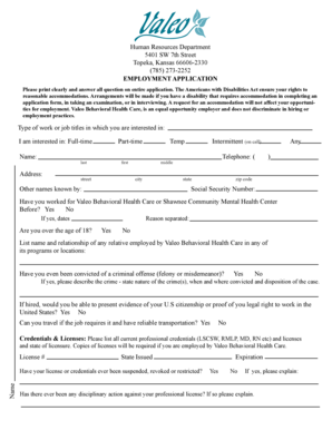 Valeo Behavioral Health Care Employment Application