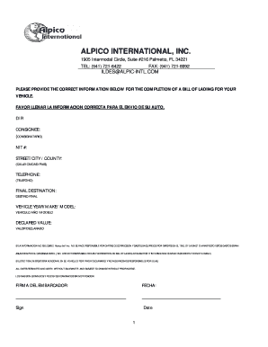 Vehicle Shipping Bill of Lading Form