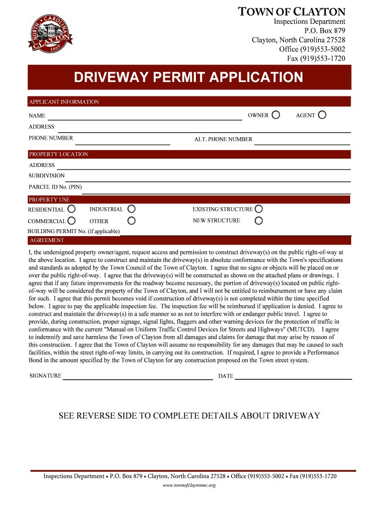 Fillable Online DRIVEWAY PERMIT APPLICATION Fax Email Print pdfFiller