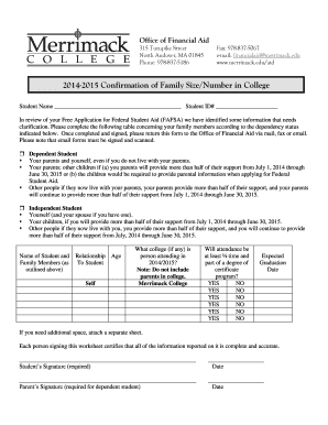 2014-2015 Confirmation of Family Size/Number in College