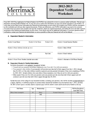 2012-2013 Dependent Verification Worksheet