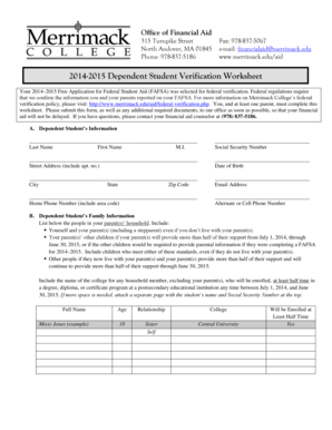 2014-2015 Dependent Student Verification Worksheet
