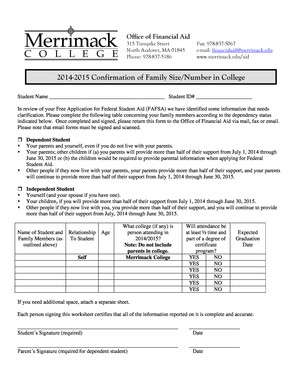 2014-2015 Confirmation of Family Size/Number in College
