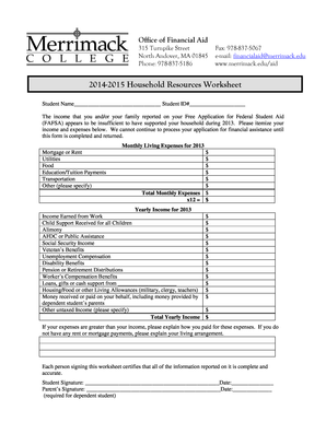2014-2015 Household Resources Worksheet