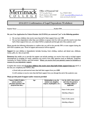 2014-2015 Confirmation of Legal Dependents Worksheet