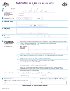 Tasmania General Postal Voter Registration Form