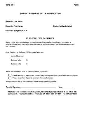 Parent Business Value Verification Form
