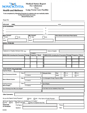 Medical Status Report for Long Term Care Admission