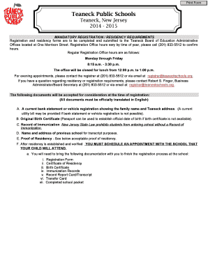 Teaneck Public Schools Registration Form
