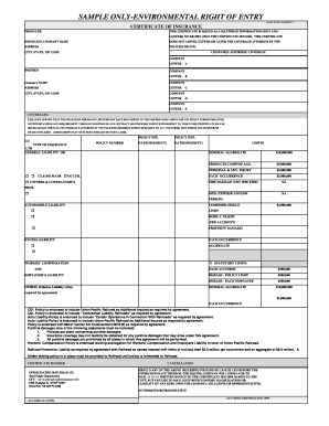 Environmental Right of Entry Certificate of Insurance