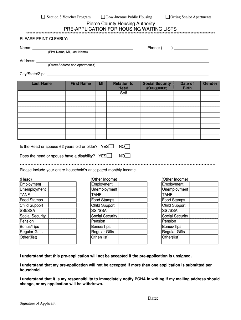 Fillable Online pchawa Date Pierce County Housing Authority PRE