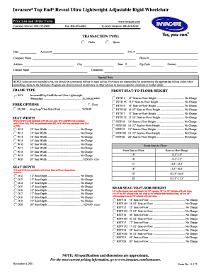 Invacare Top End Reveal Wheelchair Order Form