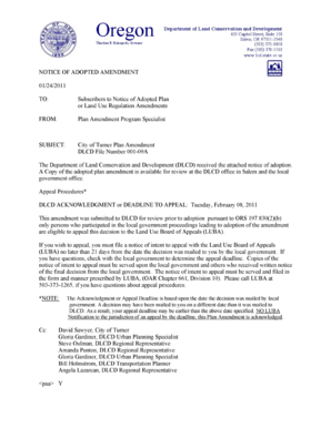 Us NOTICE OF ADOPTED AMENDMENT BuA 01/24/2011 TO: Subscribers to Notice of Adopted Plan or Land Use Regulation Amendments FROM: Plan Amendment Program Specialist SUBJECT: City of Turner Plan Amendment DLCD File Number 001-09A The Department