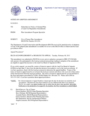 us NOTICE OF ADOPTED AMENDMENT BuA 01/24/2011 TO: Subscribers to Notice of Adopted Plan or Land Use Regulation Amendments FROM: Plan Amendment Program Specialist SUBJECT: City of Turner Plan Amendment DLCD File Number 001-09A The Department