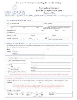 Southwestern Community College Enrollment Verification Form