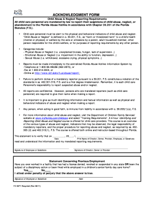 Child Abuse & Neglect Reporting Acknowledgment Form