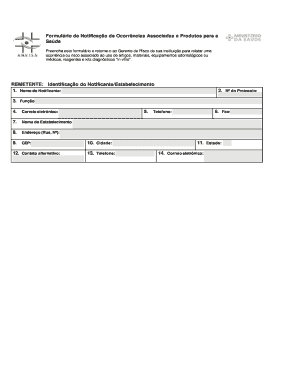Formulário de Notificação de Ocorrências Associadas a Produtos para a Saúde