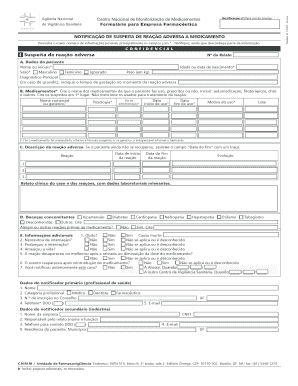 Formulário para Empresa Farmacêutica NOTIFICAÇÃO DE SUSPEITA DE REAÇÃO ADVERSA A MEDICAMENTO