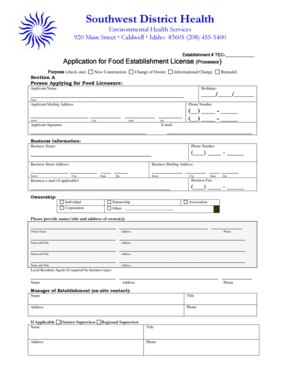 Idaho Food Establishment License Application