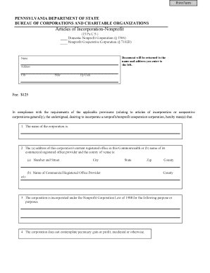Pennsylvania Nonprofit Articles of Incorporation