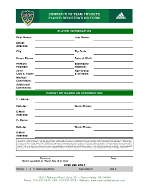 Competitive Team Tryouts Player Registration Form