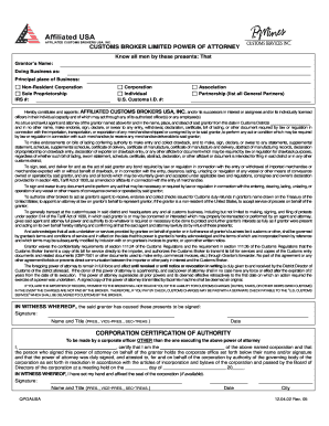 Customs Broker Limited Power of Attorney