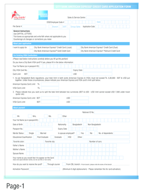 City Bank American Express Credit Card Application Form