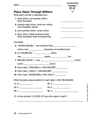Place Value Through Billions Worksheet