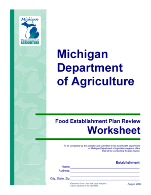 Michigan Food Establishment Plan Review Worksheet