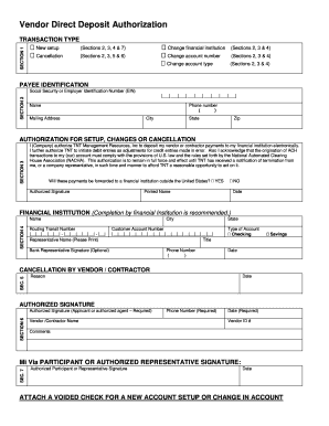 Vendor Direct Deposit Authorization Form