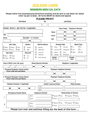 Golden Care Members Medical Data Form