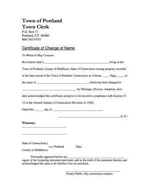 Printable certificate of achievement - Certificate of bChangeb of bNameb - Town of Portland - portlandct