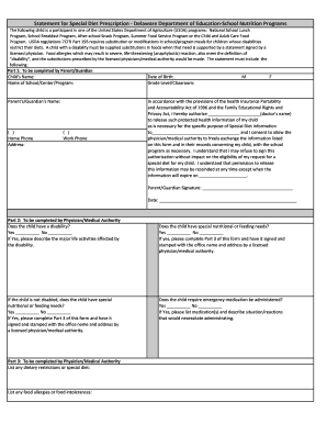 Delaware Special Diet Prescription Statement