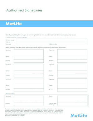 MetLife Authorised Signatories Form