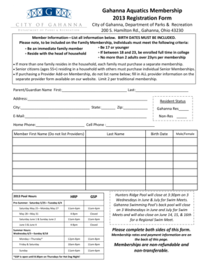 Gahanna Aquatics 2013 Membership Registration Form