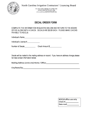 North Carolina Irrigation Contractor Decal Order Form