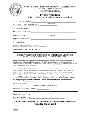 North Carolina Irrigation Contractor Attendance Form