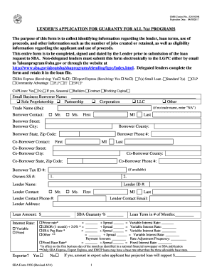 Lender’s Application for Guaranty for All 7(a) Programs