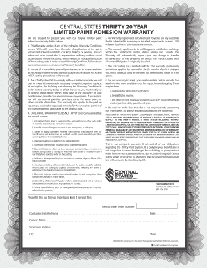 Central States Thrifty 20 Year Paint Adhesion Warranty