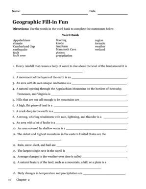 Geographic Fill-in Fun Worksheet