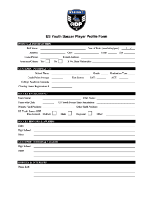 US Youth Soccer Player Profile Form