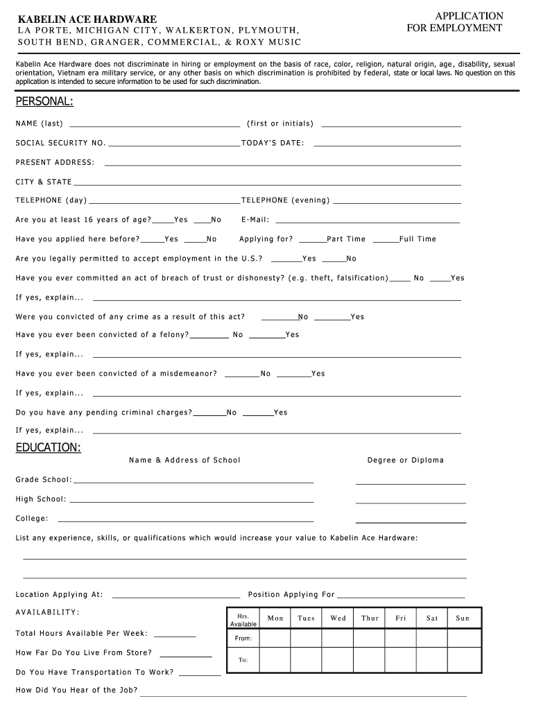 Fillable Online To View an Application - Kabelin Ace Hardware Fax Email ...