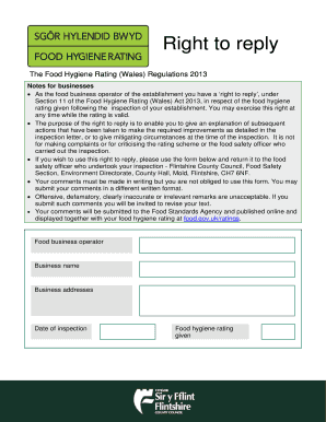 Right to Reply Form for Food Hygiene Rating in Wales